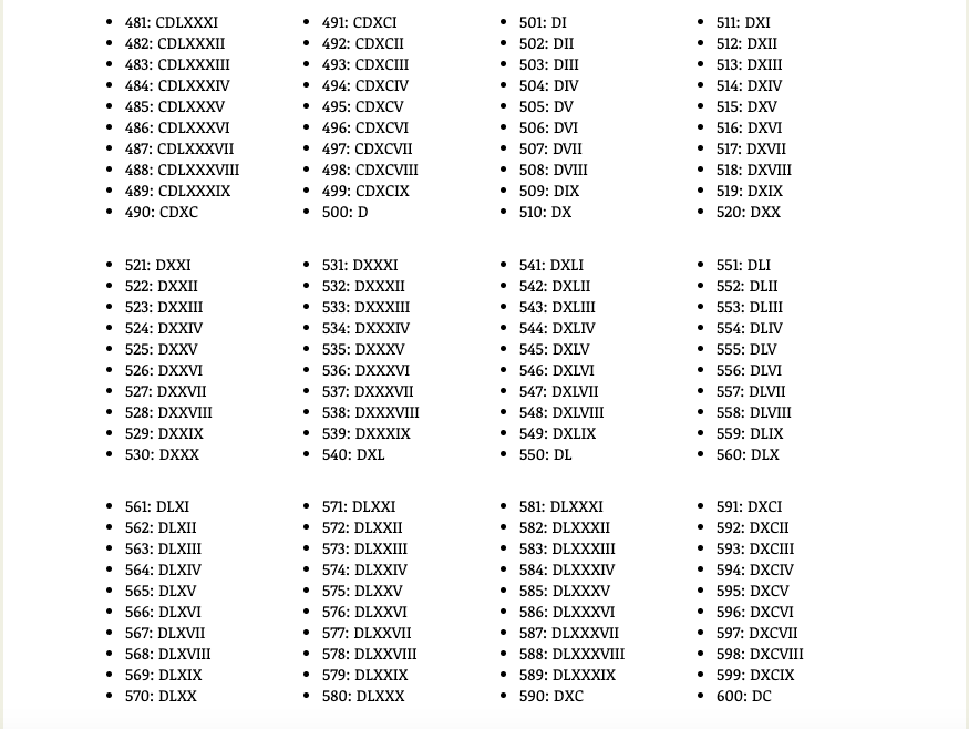 Free Printable Roman Numerals 1 To 1000 Chart